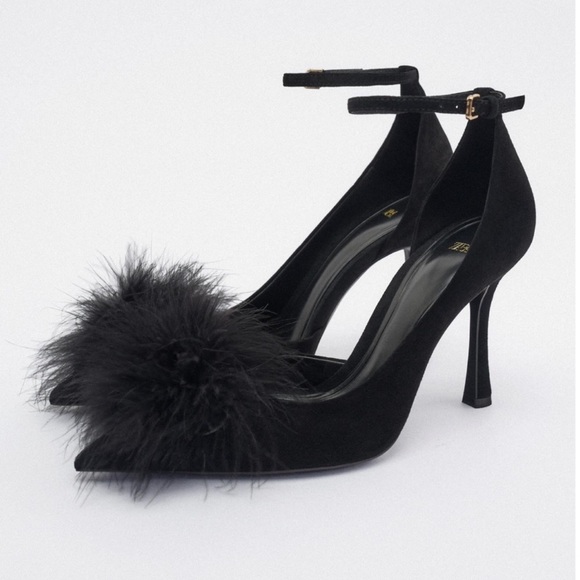 Zara Shoes - Zara Feather Trim Leather Heels